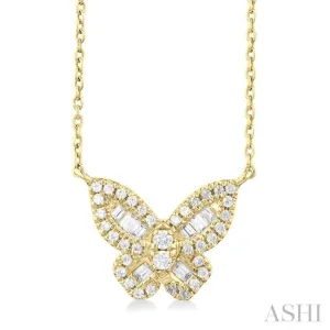 1/3 ctw Petite Butterfly Baguette and Round Cut Diamond Fashion Pendant With Chain in 10K Yellow Gold