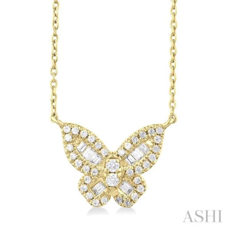 1/3 ctw Petite Butterfly Baguette and Round Cut Diamond Fashion Pendant With Chain in 10K Yellow Gold