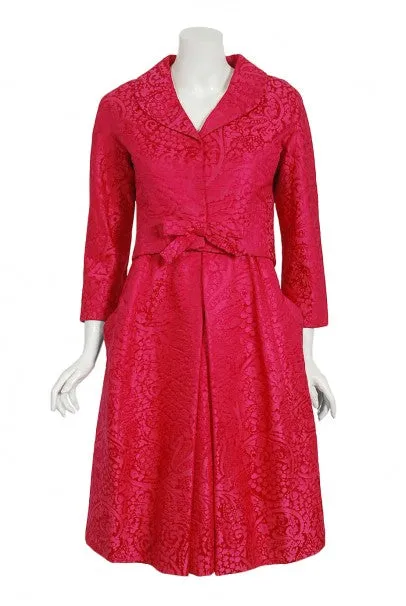 1962 Christian Dior Haute Couture Pink Textured Silk Dress & Bow Jacket