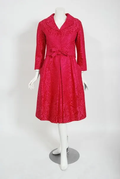 1962 Christian Dior Haute Couture Pink Textured Silk Dress & Bow Jacket