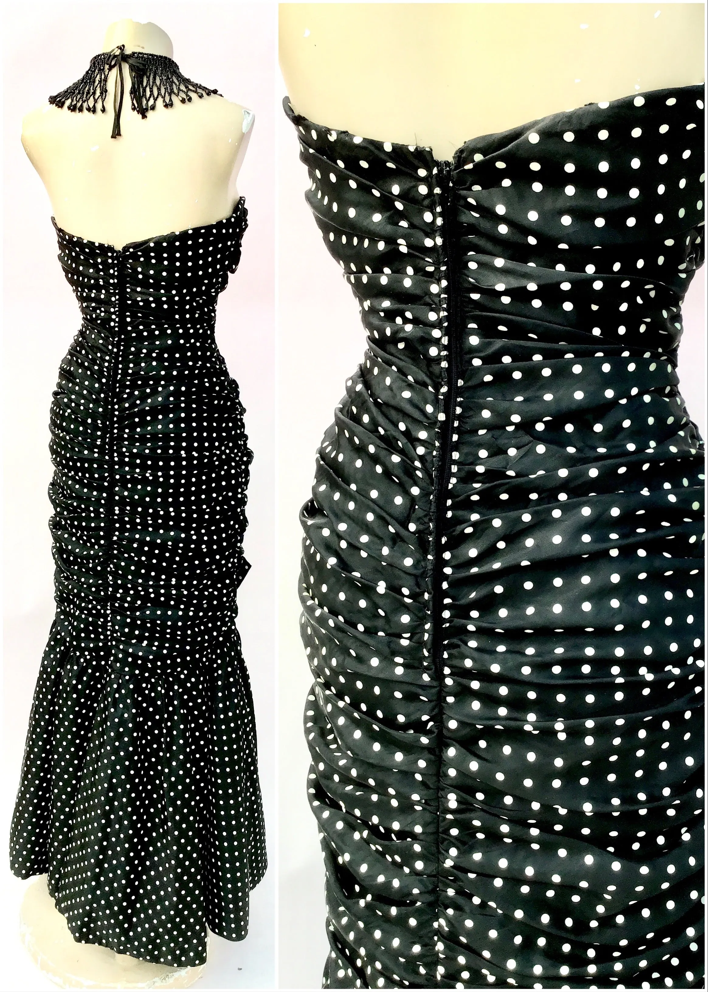 1980s Vintage Black Polka Dot Mermaid Cocktail Prom Dress