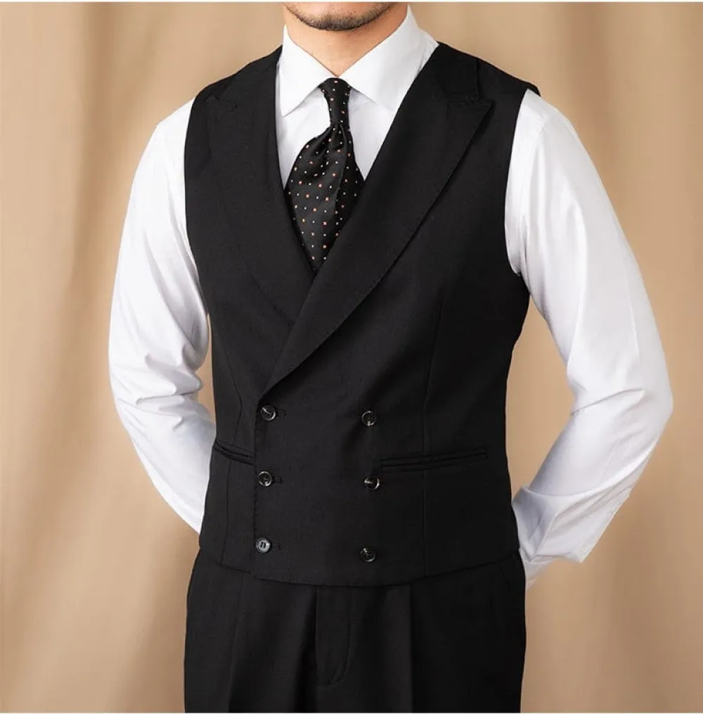 3 Piece Black Business Casual Peak Lapel Double Vented Men's Suit (Blazer Vest Pants)