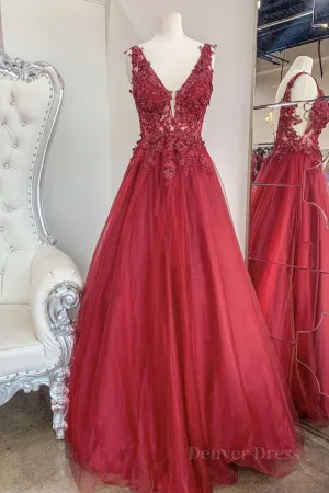 A Line V Neck and V Back Red Lace Floral Long Prom Dress Open Back 3D Flowers Red Lace Formal Evening Dress