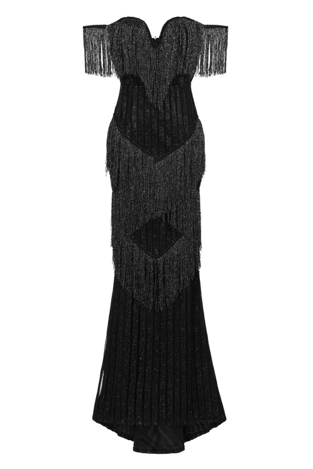 Amira Black Glitter Stripe Tassel Fringe Bardot Fishtail Dress