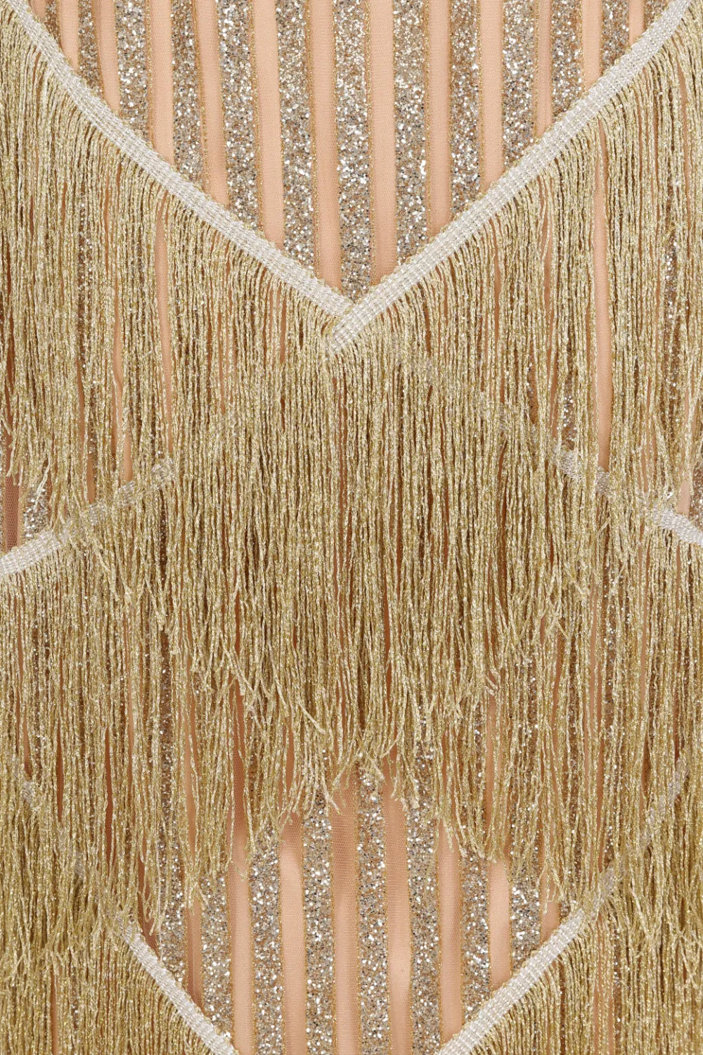 Amira Gold & Nude Glitter Stripe Tassel Fringe Bardot Fishtail Dress