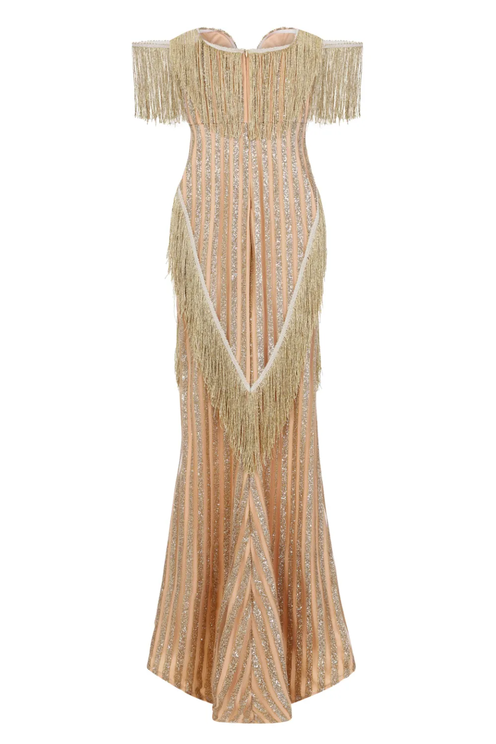 Amira Gold & Nude Glitter Stripe Tassel Fringe Bardot Fishtail Dress