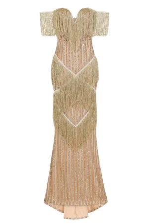 Amira Gold & Nude Glitter Stripe Tassel Fringe Bardot Fishtail Dress