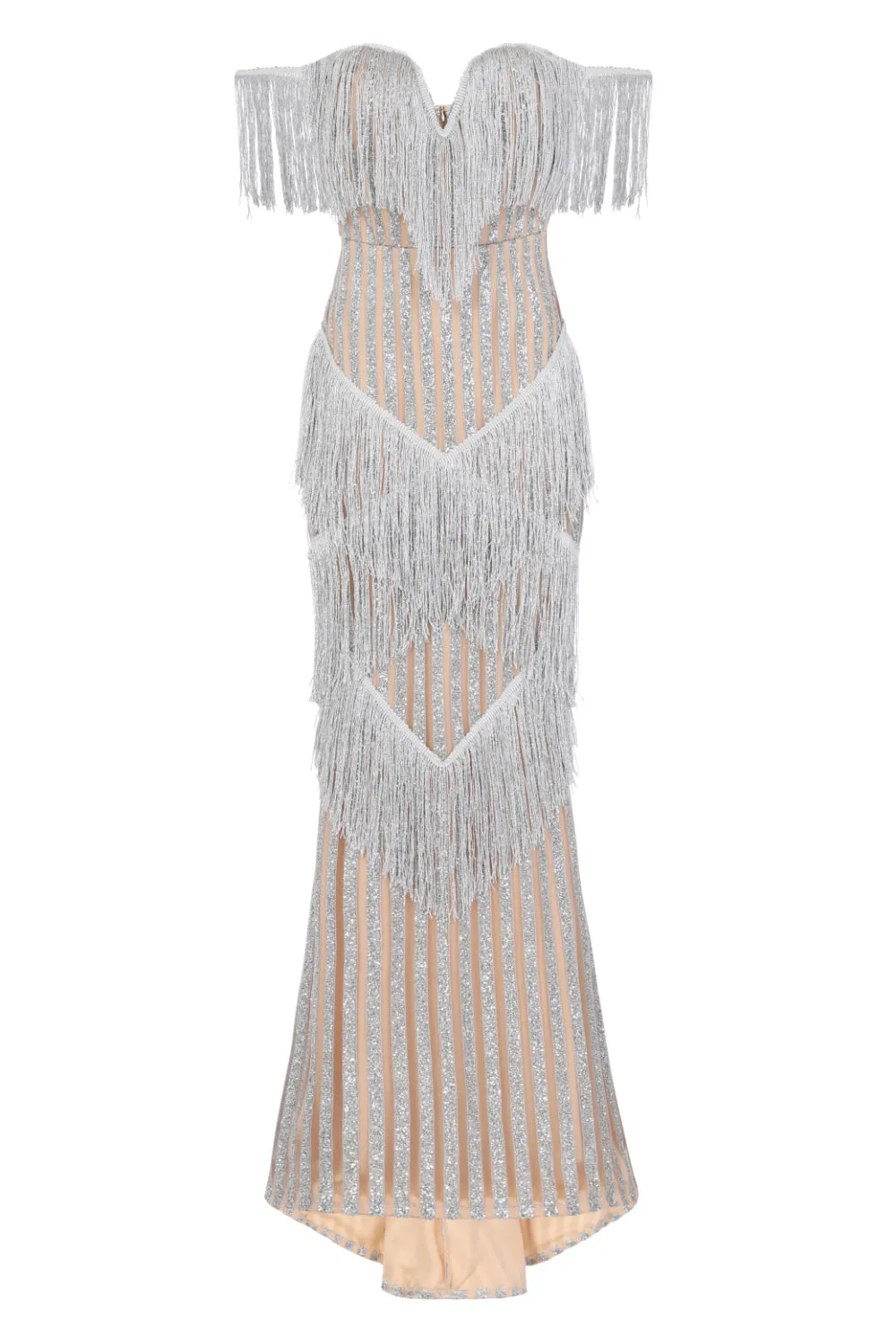 Amira Silver & Nude Glitter Stripe Tassel Fringe Bardot Fishtail Dress