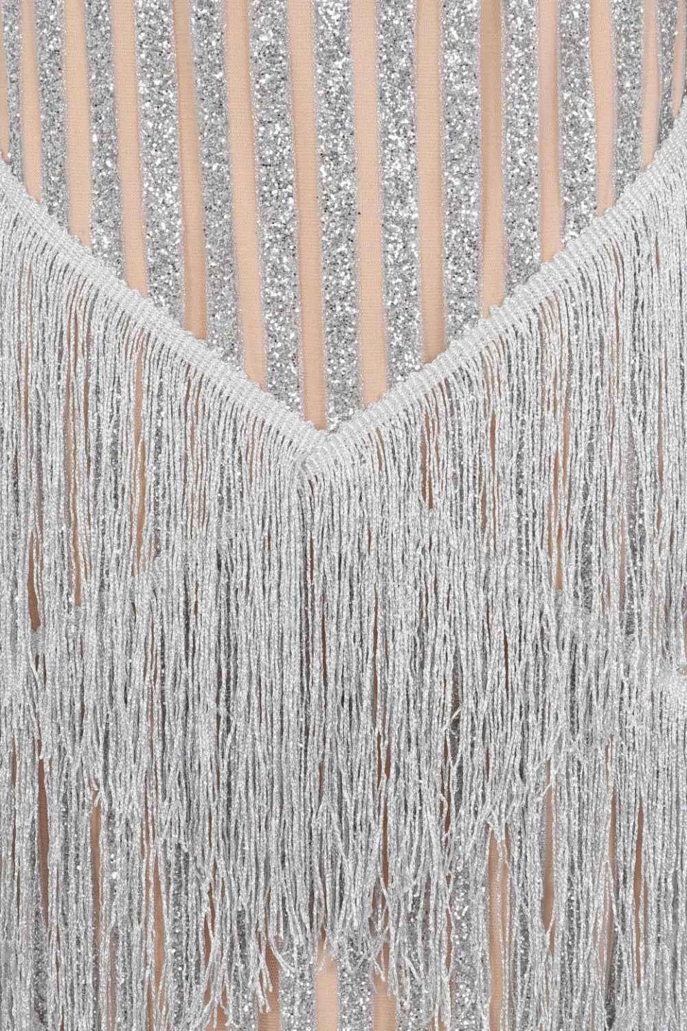 Amira Silver & Nude Glitter Stripe Tassel Fringe Bardot Fishtail Dress