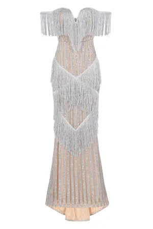 Amira Silver & Nude Glitter Stripe Tassel Fringe Bardot Fishtail Dress