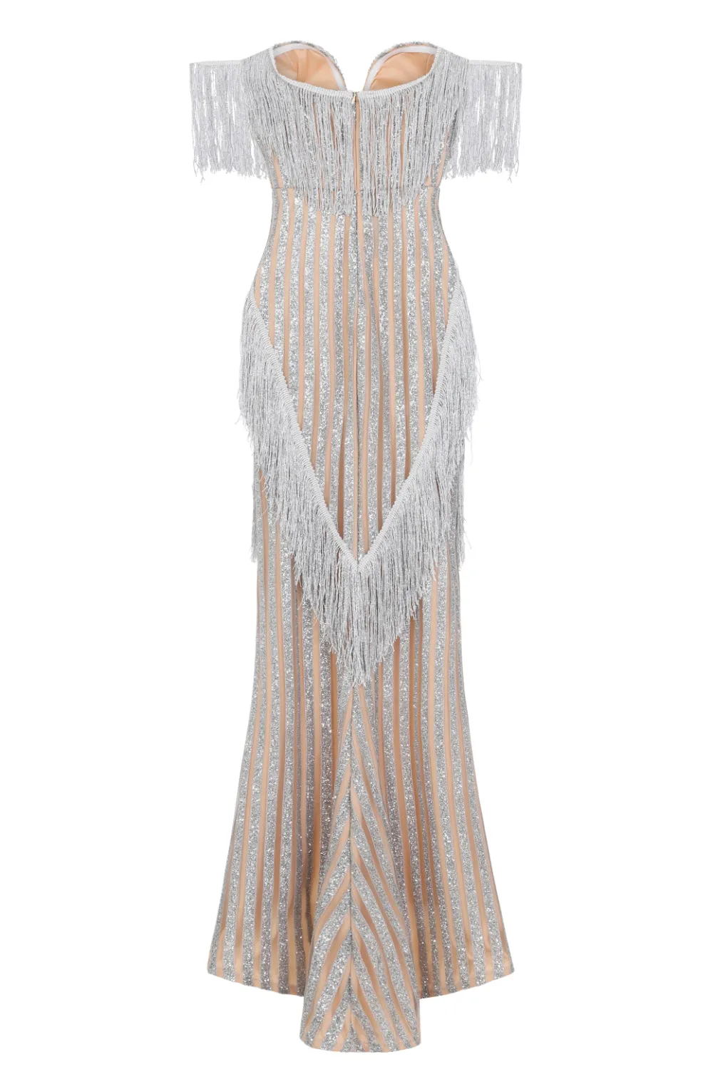 Amira Silver & Nude Glitter Stripe Tassel Fringe Bardot Fishtail Dress