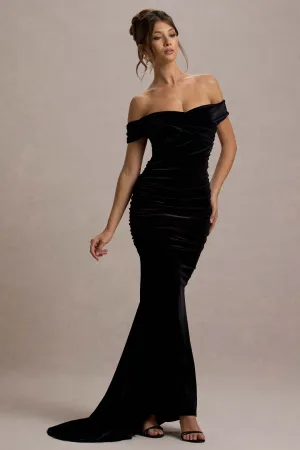 Apolline | Black Velvet Off The Shoulder Ruched Fishtail Maxi Dress