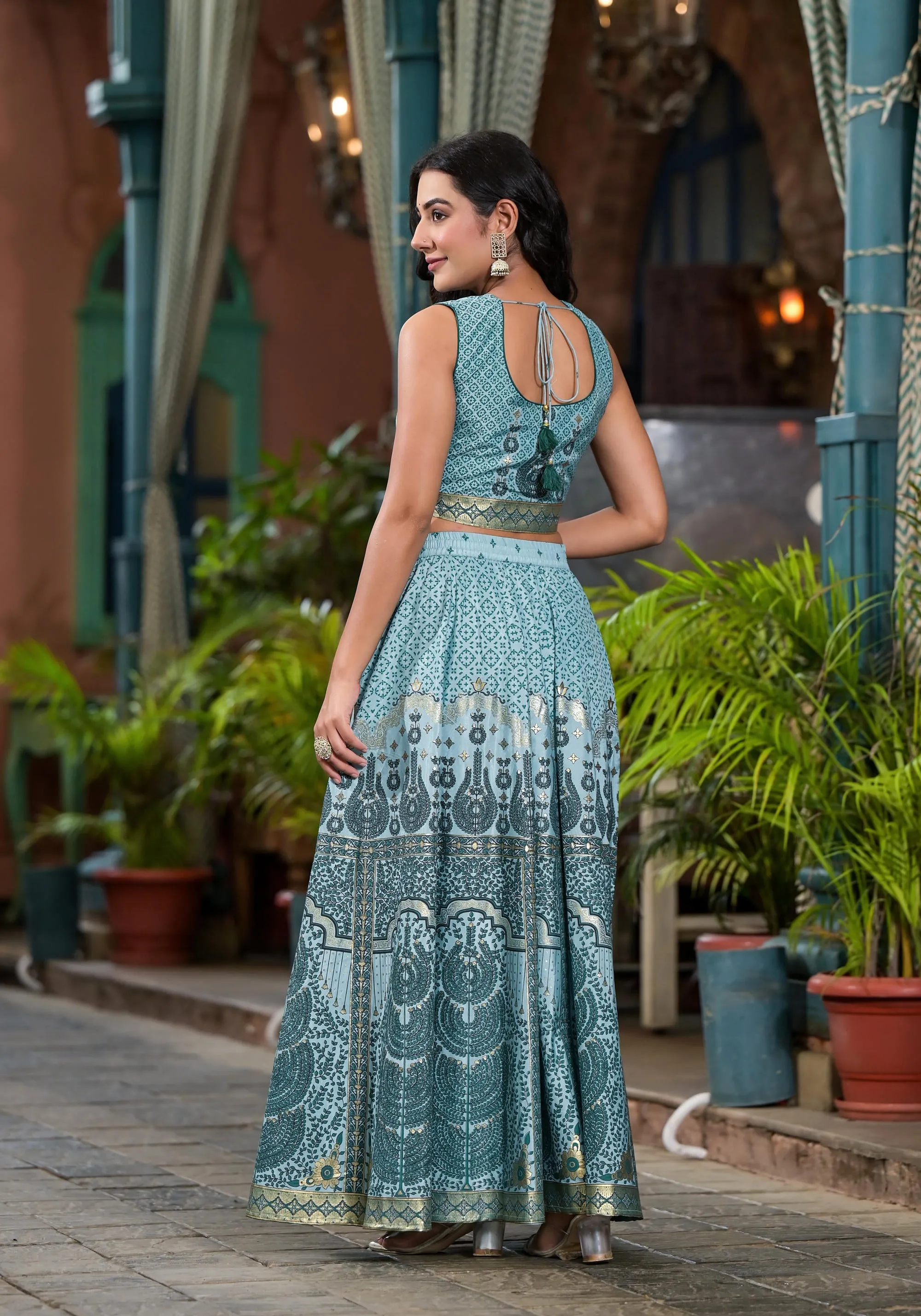 Aqua Ethnic Motif Printed Lehenga Set With Sequins & Gota Patti