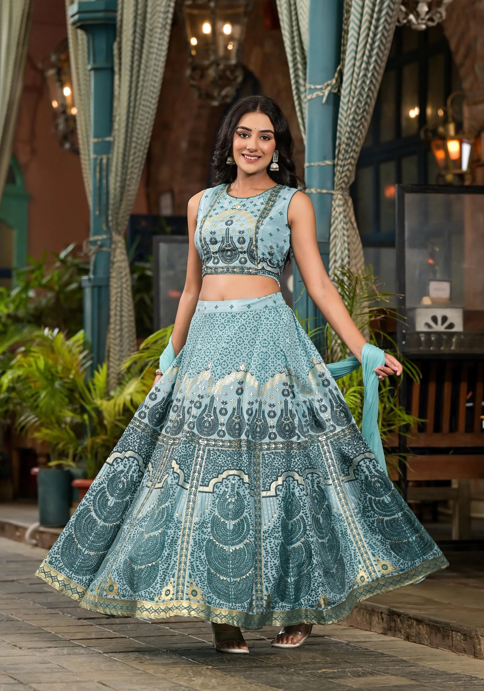 Aqua Ethnic Motif Printed Lehenga Set With Sequins & Gota Patti