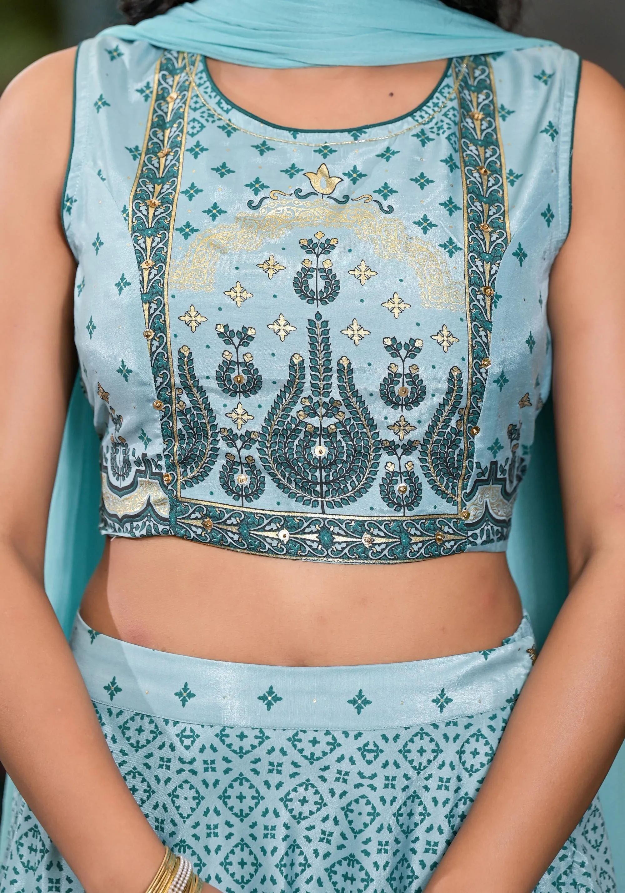 Aqua Ethnic Motif Printed Lehenga Set With Sequins & Gota Patti