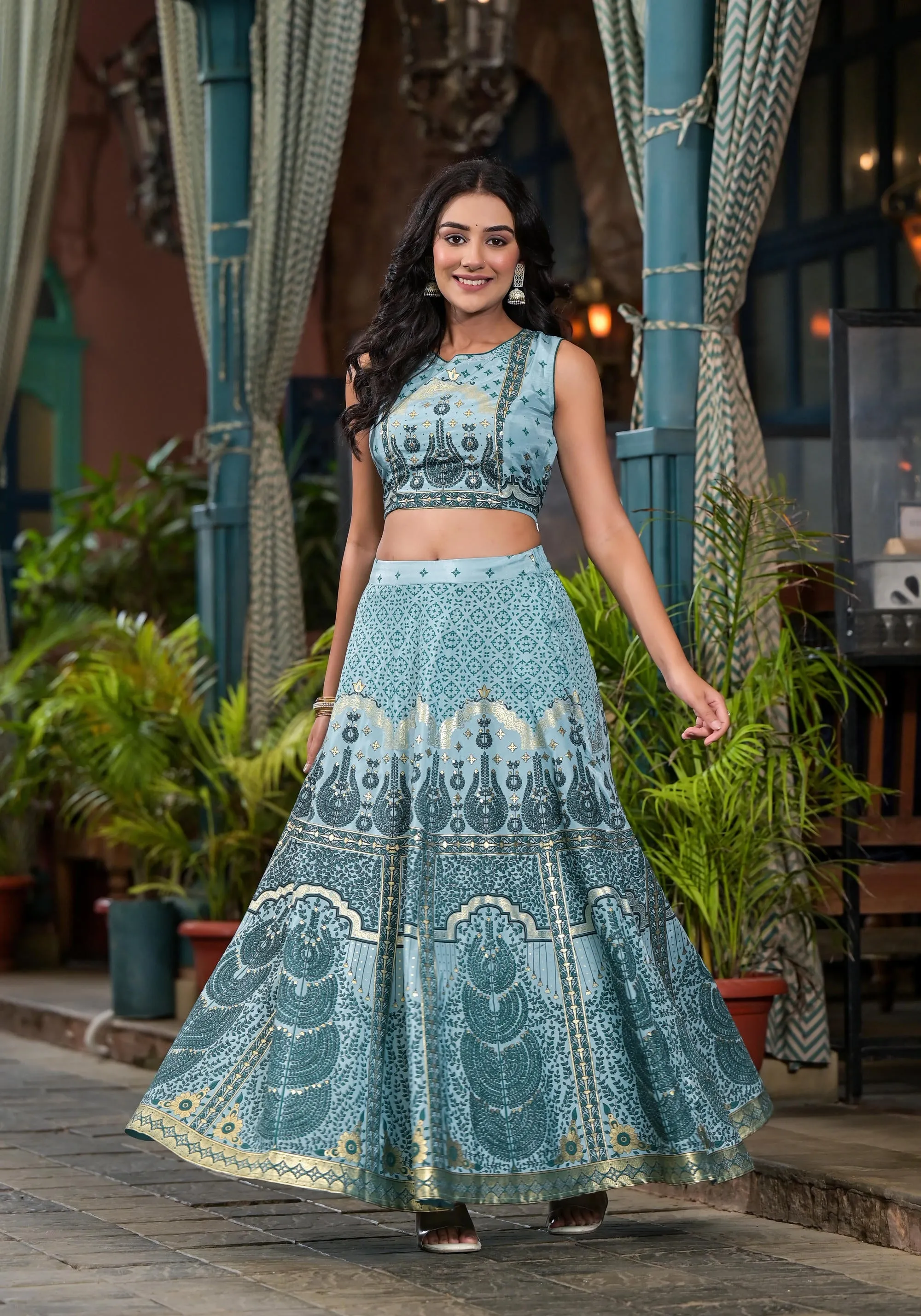 Aqua Ethnic Motif Printed Lehenga Set With Sequins & Gota Patti