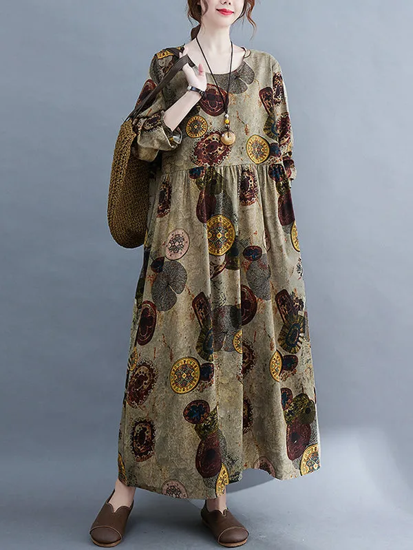 Artistic Retro Loose Long Sleeves Printed Round-Neck Maxi Dresses