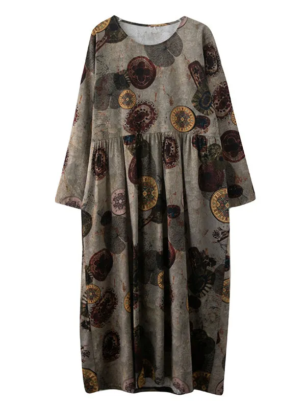 Artistic Retro Loose Long Sleeves Printed Round-Neck Maxi Dresses