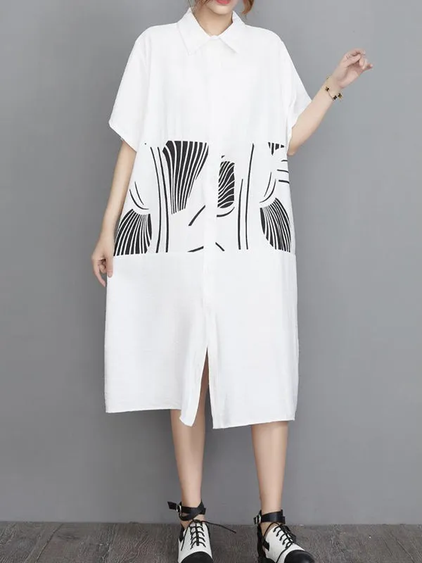 Artistic Retro Loose Printed Buttoned Midi Dress