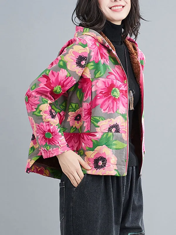 Artistic Retro Velvet Floral Printed Zipper Hooded Long Sleeves Outwear