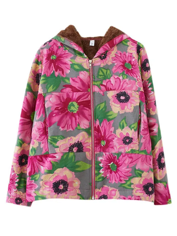 Artistic Retro Velvet Floral Printed Zipper Hooded Long Sleeves Outwear