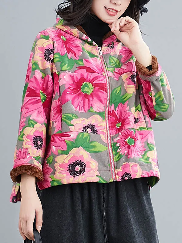 Artistic Retro Velvet Floral Printed Zipper Hooded Long Sleeves Outwear