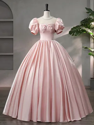 Beautiful Pink Scoop Neck Satin Floor Length Prom Dress A-Line Short Sleeve Evening Dress with Bow