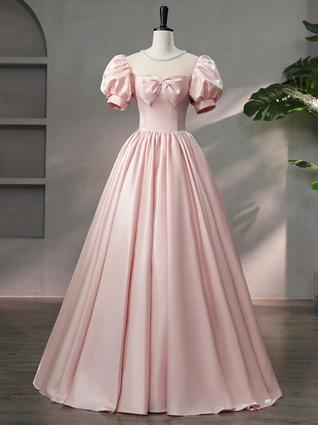 Beautiful Pink Scoop Neck Satin Floor Length Prom Dress A-Line Short Sleeve Evening Dress with Bow