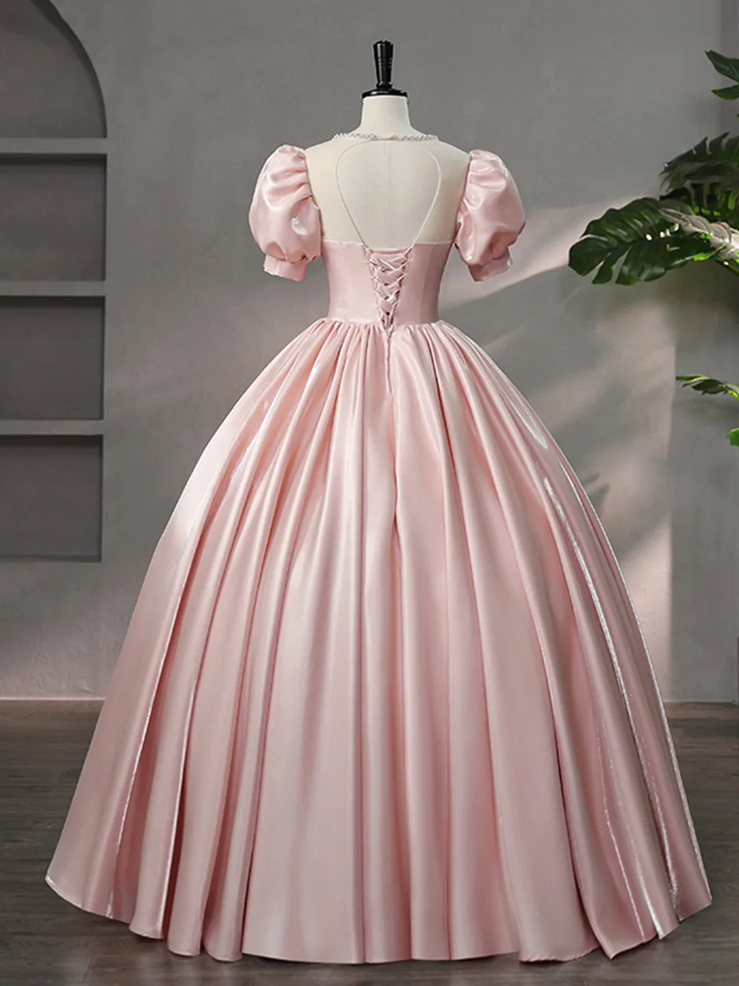 Beautiful Pink Scoop Neck Satin Floor Length Prom Dress A-Line Short Sleeve Evening Dress with Bow