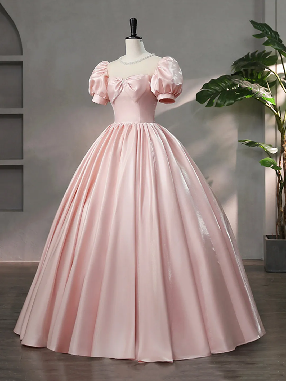 Beautiful Pink Scoop Neck Satin Floor Length Prom Dress A-Line Short Sleeve Evening Dress with Bow