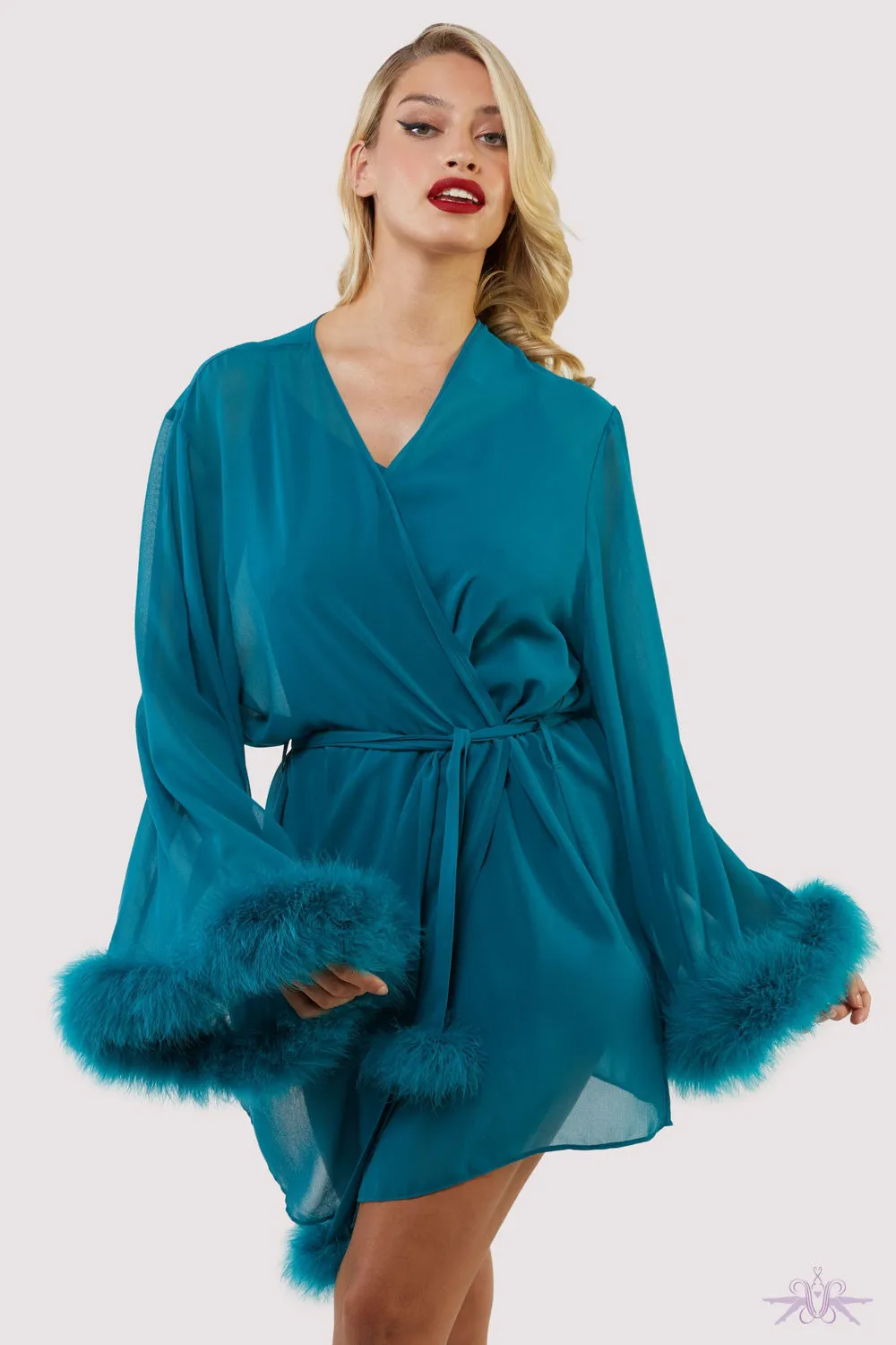 Bettie Page Feather Trim Teal Robe