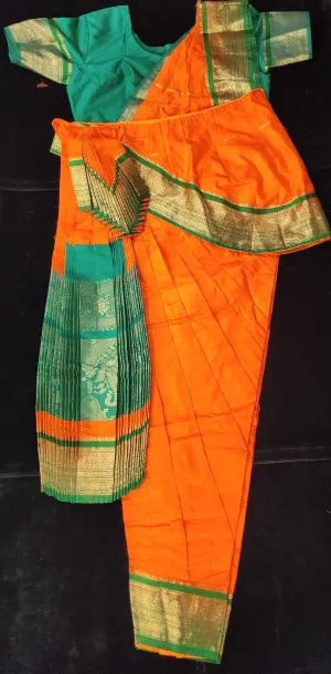 Bharatnatyam Dress | Orange with Green | Dharmavaram Silk | Readymade Dance Costume