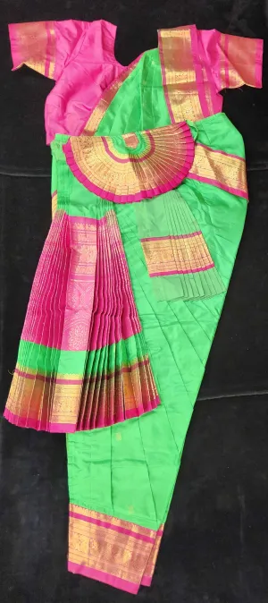 Bharatnatyam Dress | Parrot Green with Pink | Dharmavaram Silk | Readymade Dance Costume