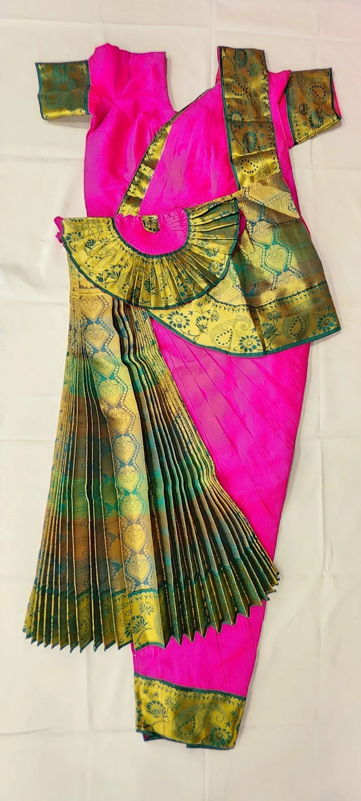 Bharatnatyam Dress | Pink with Green | Silk Cotton with Normal Border | Readymade Dance Costume