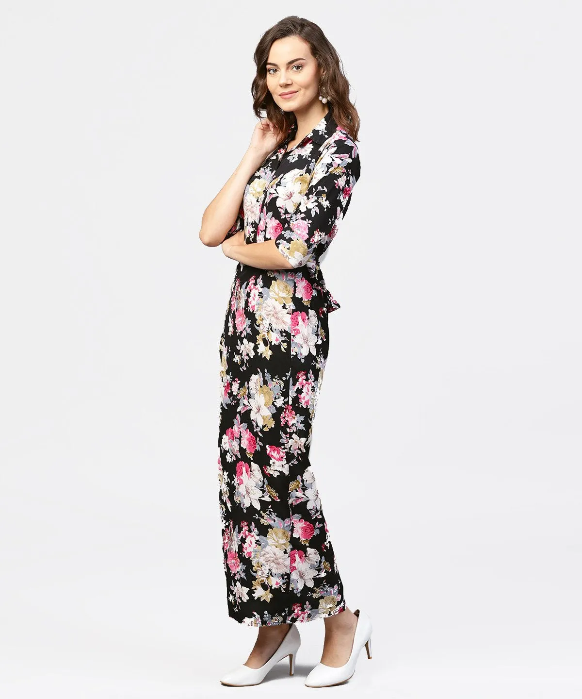 Black Printed 3/4Th Sleeve One Side Slit Dress With Belt