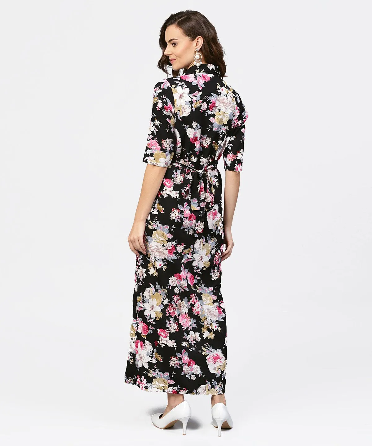 Black Printed 3/4Th Sleeve One Side Slit Dress With Belt