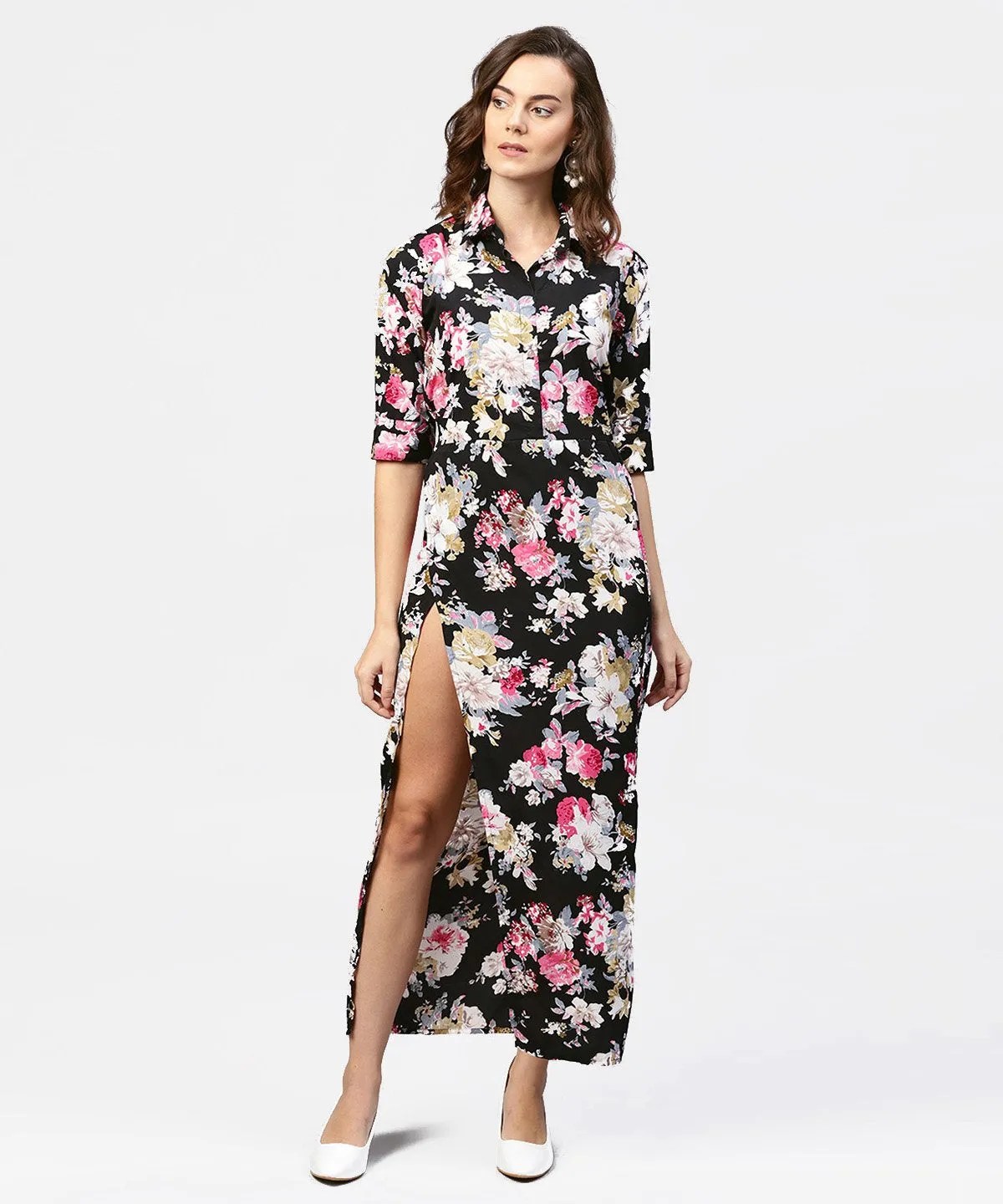 Black Printed 3/4Th Sleeve One Side Slit Dress With Belt