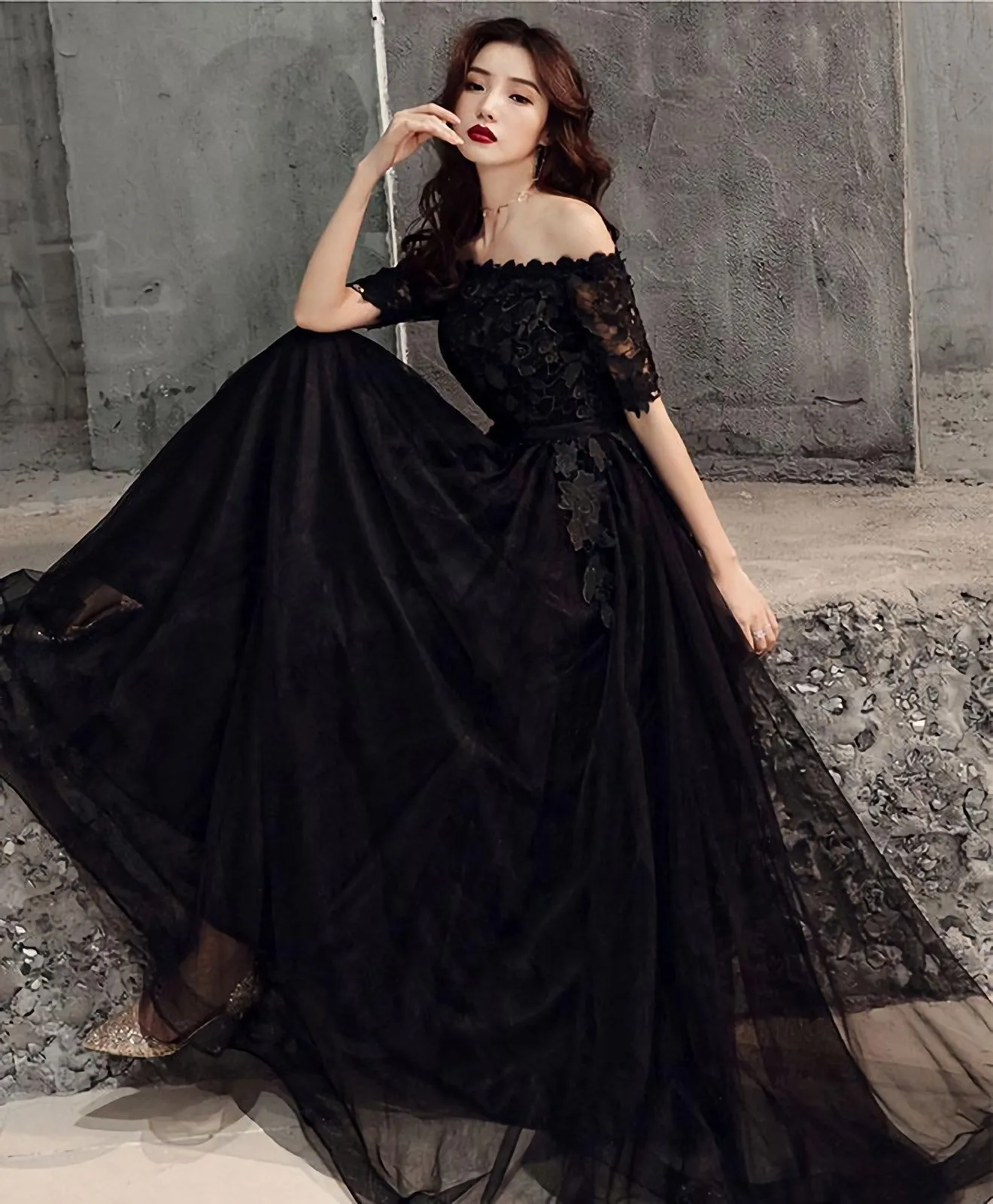 Black Tulle Lace Long Prom Dress Black Tulle Evening Dress 1