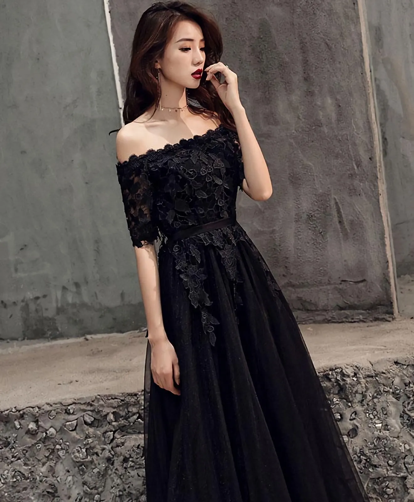 Black Tulle Lace Long Prom Dress Black Tulle Evening Dress 1