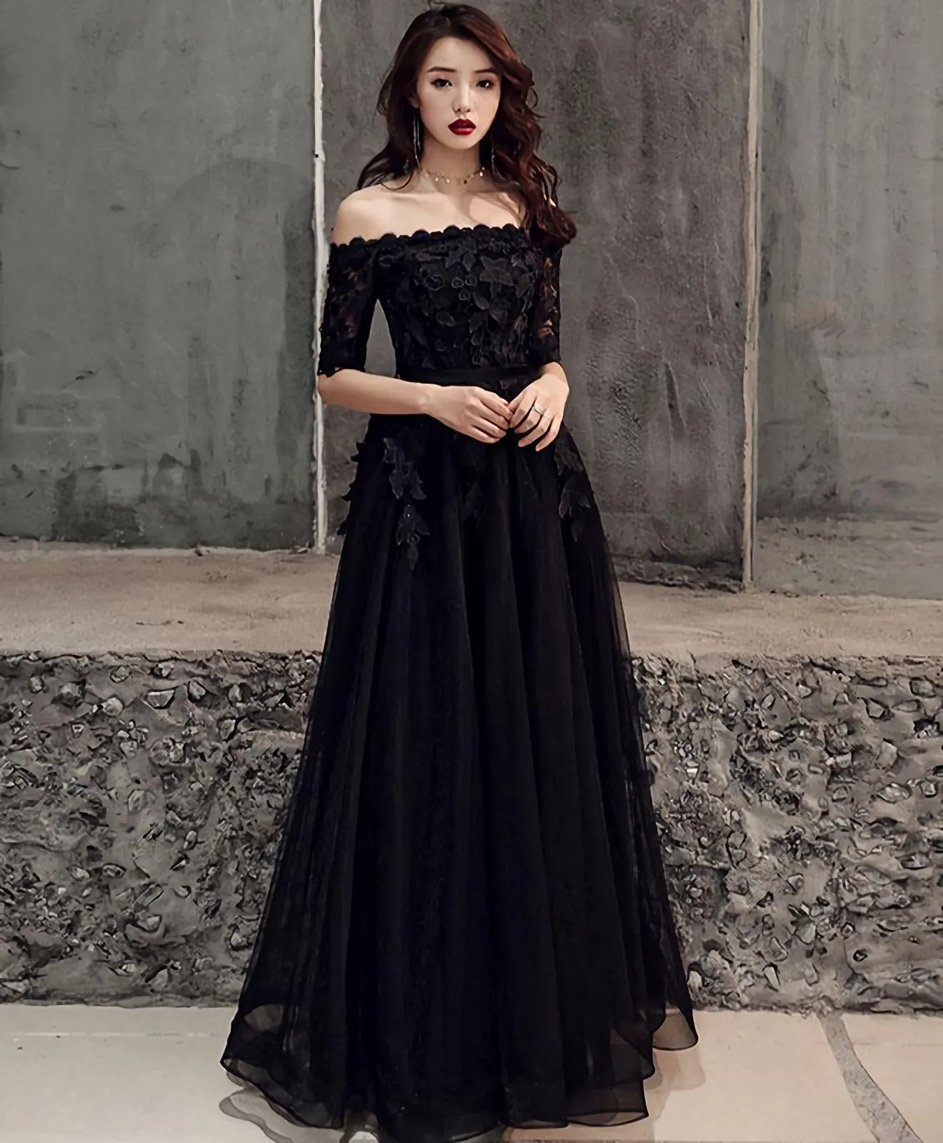 Black Tulle Lace Long Prom Dress Black Tulle Evening Dress 1