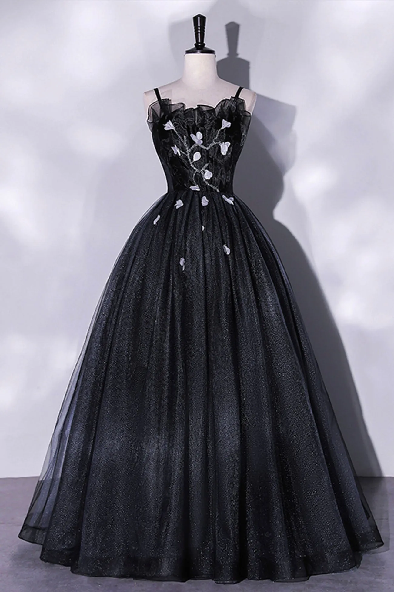 Black Tulle Long A-Line Evening Gown Black Spaghetti Strap Evening Gown