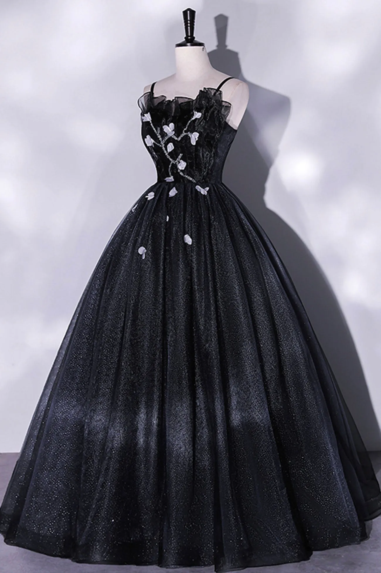 Black Tulle Long A-Line Evening Gown Black Spaghetti Strap Evening Gown