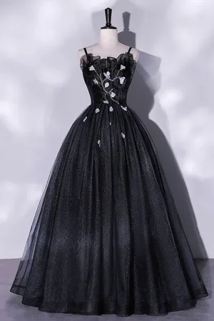 Black Tulle Long A-Line Evening Gown Black Spaghetti Strap Evening Gown