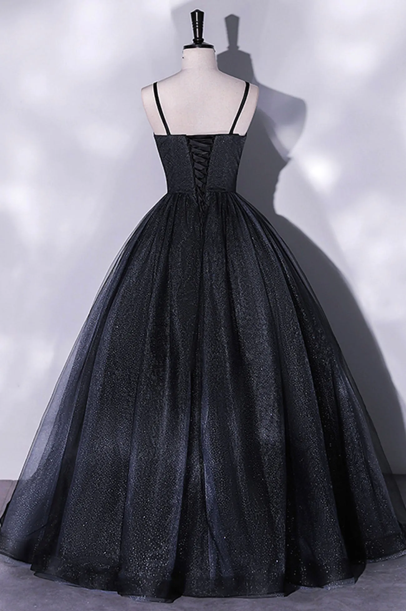 Black Tulle Long A-Line Evening Gown Black Spaghetti Strap Evening Gown