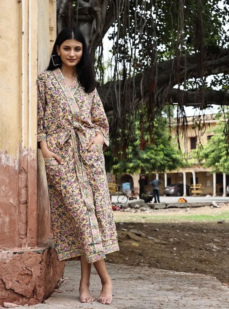 Block Printed Robe and Matching Bag in Daisy