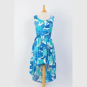 Blue Abstract Floral Print Casual Dress with Fishtail