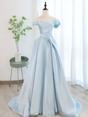 Blue Satin Tulle Long Prom Dress Off Shoulder Formal Evening Dress