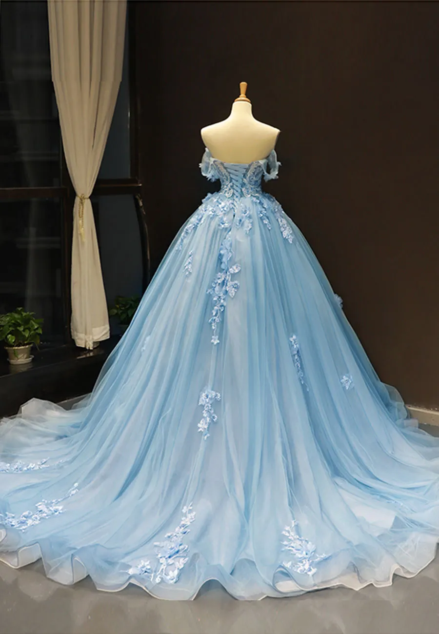 Blue Tulle Long A-Line Prom Dress Off the Shoulder Evening Dress