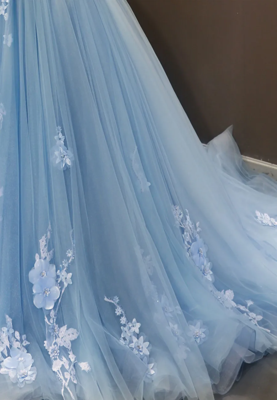 Blue Tulle Long A-Line Prom Dress Off the Shoulder Evening Dress