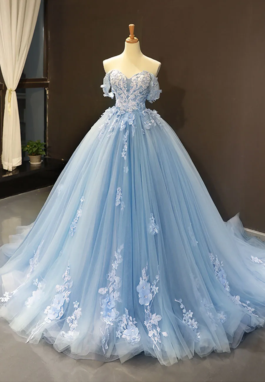 Blue Tulle Long A-Line Prom Dress Off the Shoulder Evening Dress